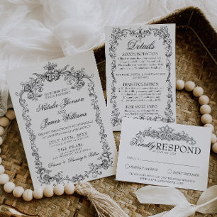 Invitation Mariage Classique Élégant Vintage Noir Et Blanc