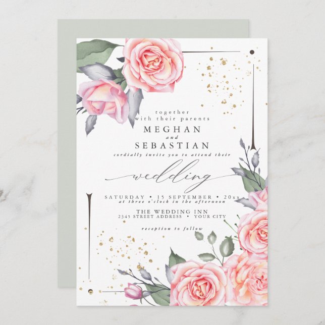 Invitation Mariage classique Elégante aquarelle rose Roses (Devant / Derrière)