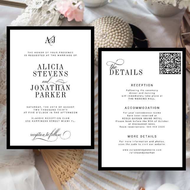 Invitation Mariage classique en noir et blanc à l'ancienne (Créateur téléchargé)