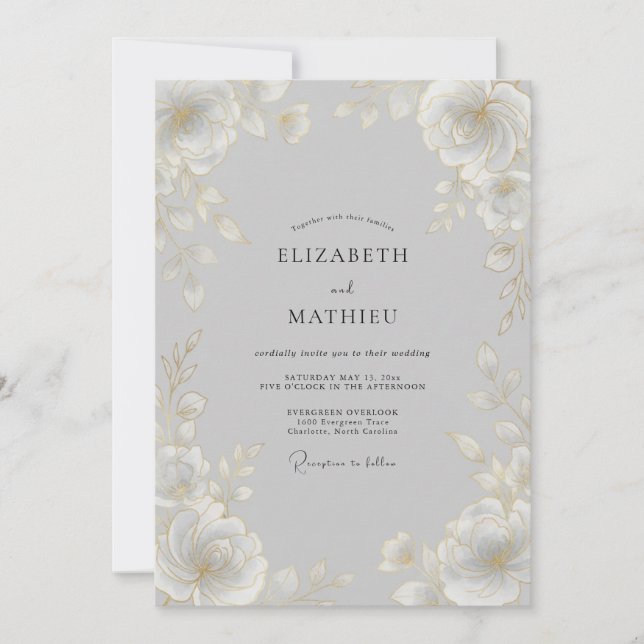 Invitation Mariage Classique Éthéré Gris Colombe (Devant)