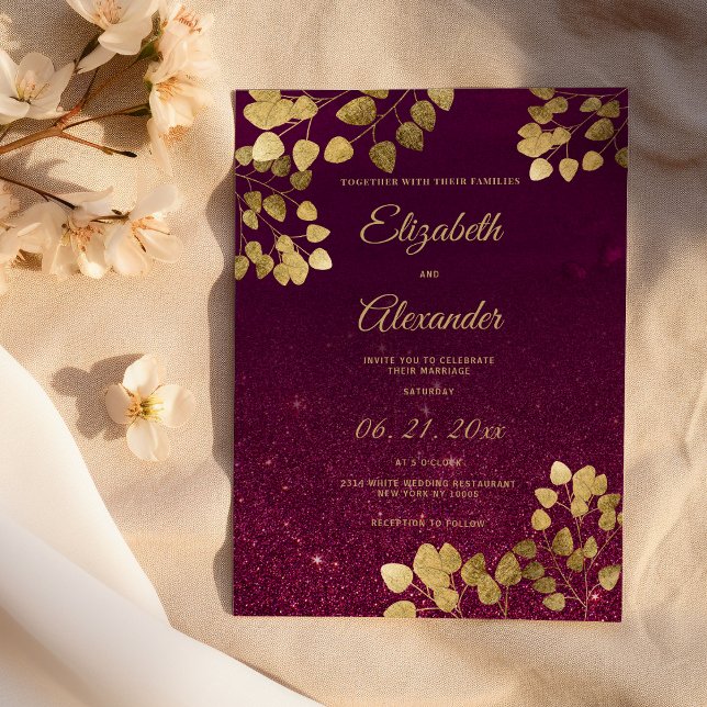 Invitation Mariage classique eucalyptus paillettes bordeaux o (Classic burgundy glitter gold eucalyptus Wedding)