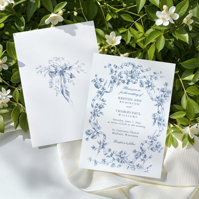 Invitation Mariage Classique Fleurs et Rubans Bleu Français (Créateur téléchargé)