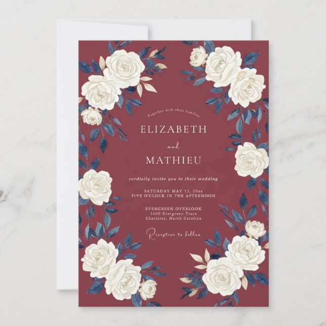 Invitation Mariage Classique Floral Blanc et Bourgogne (Devant)