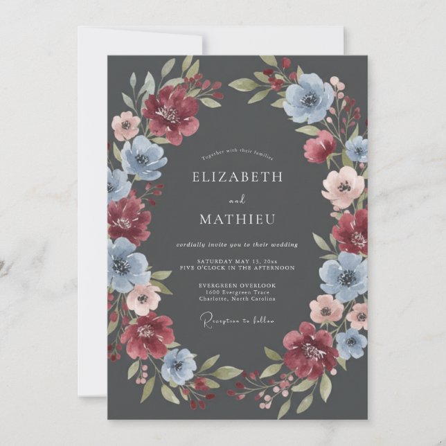 Invitation Mariage Classique Floral Bleu et Bordeaux (Devant)