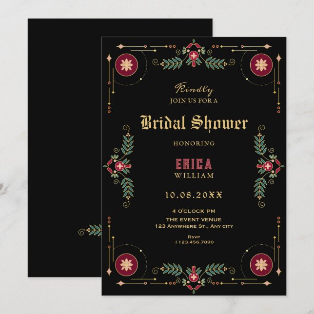 Invitation Mariage classique floral noir (Devant / Derrière)
