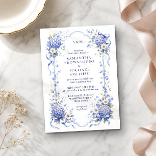 Invitation Mariage Classique Floral Porcelaine Bleu Marine