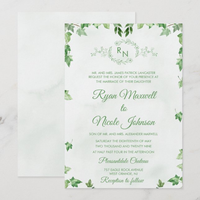 Invitation Mariage classique formel floral vert Monogramme (Devant / Derrière)