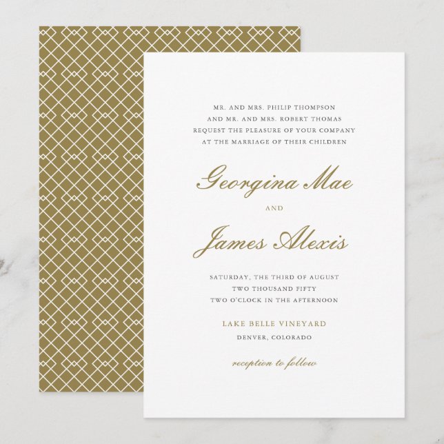 Invitation Mariage classique Gold et White Bold Script (Devant / Derrière)