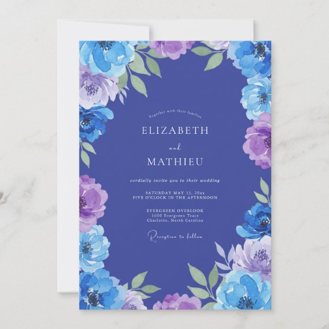 Invitation Mariage Classique Indigo Violet Pivoine (Devant)