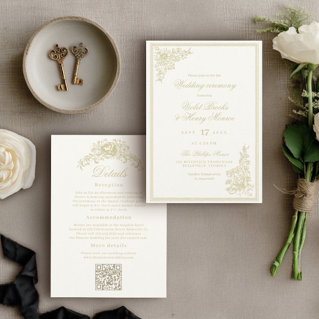 Invitation Mariage Classique Jardin Détails au Dos (Elegant gold floral wedding invitation with romantic script typography and formal ceremony wording, )