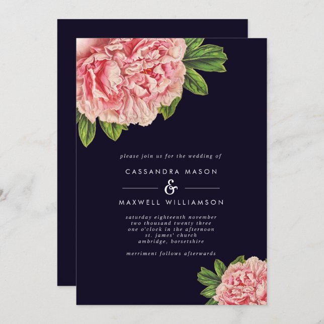 Invitation Mariage classique Marine & Pink Peony (Devant / Derrière)
