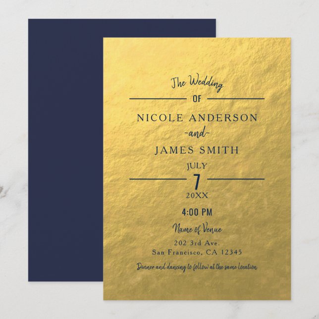 Invitation Mariage Classique Minimal Propre Bleu Marine Feuil (Devant / Derrière)