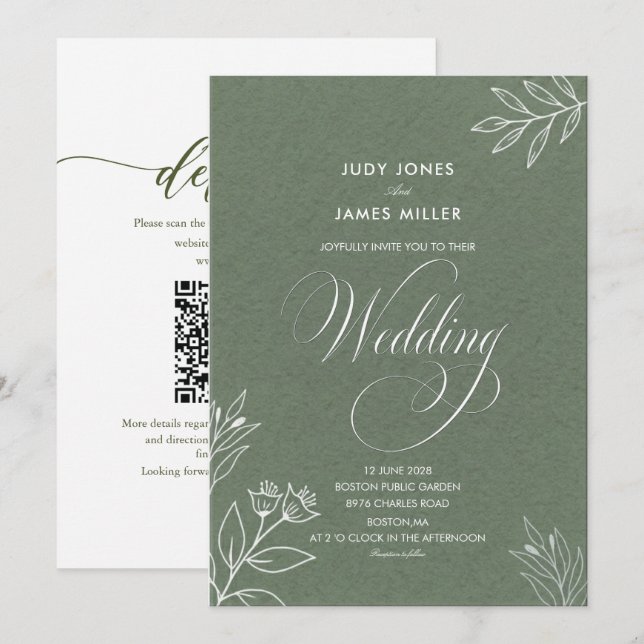 Invitation mariage classique minimal simple rustique vert sau (Devant / Derrière)