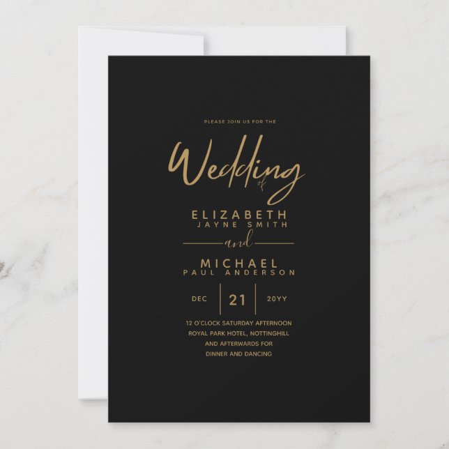 Invitation Mariage classique moderne Black Gold Budget Invite (Devant)