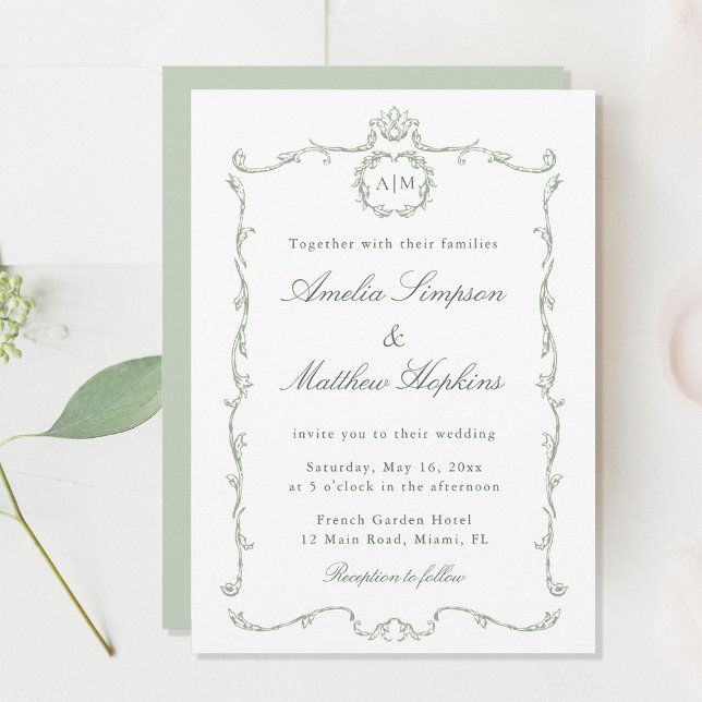 Invitation Mariage Classique Moderne Cadre Français Vert Saug (Créateur téléchargé)