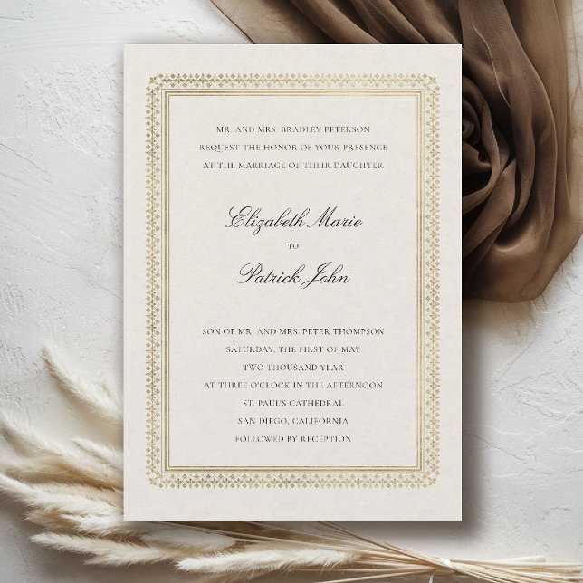 Invitation Mariage Classique Moderne en Lin Géométrique Doré  (formal traditional wedding invitation modern classic gold linen deco ballroom black tie)