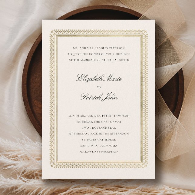 Invitation Mariage Classique Moderne Formel Doré Lys Crème (formal traditional wedding invitation modern classic gold ecru deco ballroom black tie)