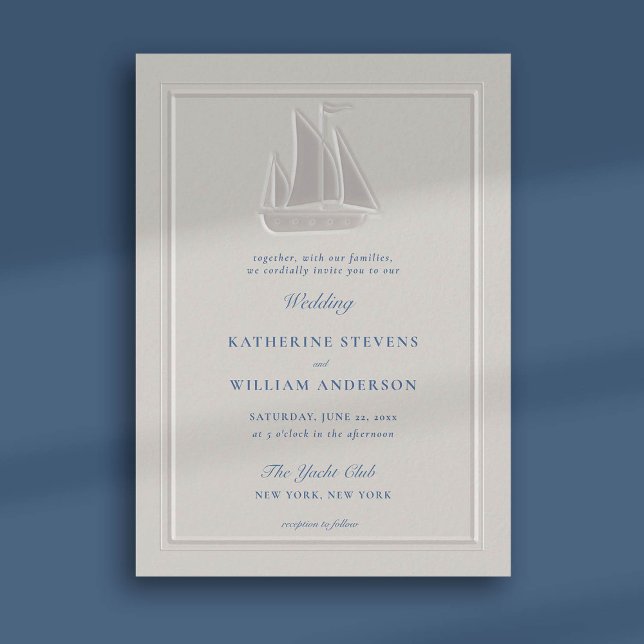 Invitation Mariage classique moderne intégré Faux nautiques (nautical beach boat yacht coastal ocean wedding invitation faux embossed pearl frame classic)