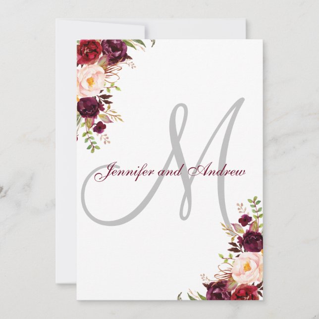 Invitation Mariage classique Monogram Floral Bourgogne (Devant)