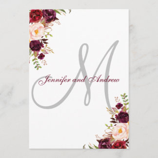 Invitation Mariage classique Monogram Floral Bourgogne
