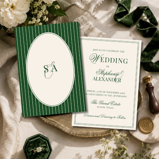 Invitation Mariage Classique Monogramme Argent Vert Émeraude (Créateur téléchargé)