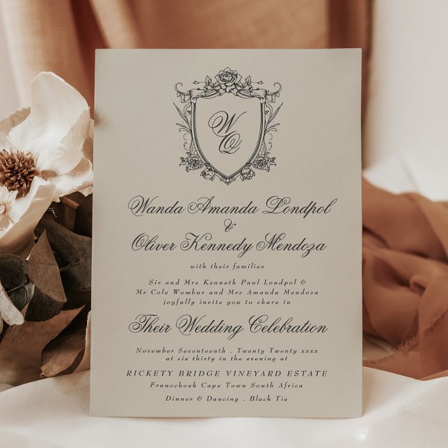 Invitation Mariage Classique Monogramme Beige Crête Florale F (Créateur téléchargé)