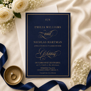 Invitation Mariage Classique Monogramme Bleu Cobalt Or