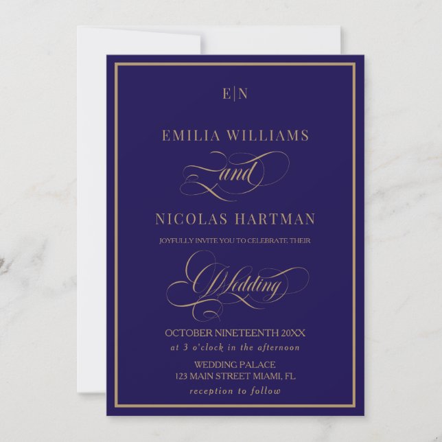 Invitation Mariage Classique Monogramme Bleu Cobalt Or (Devant)