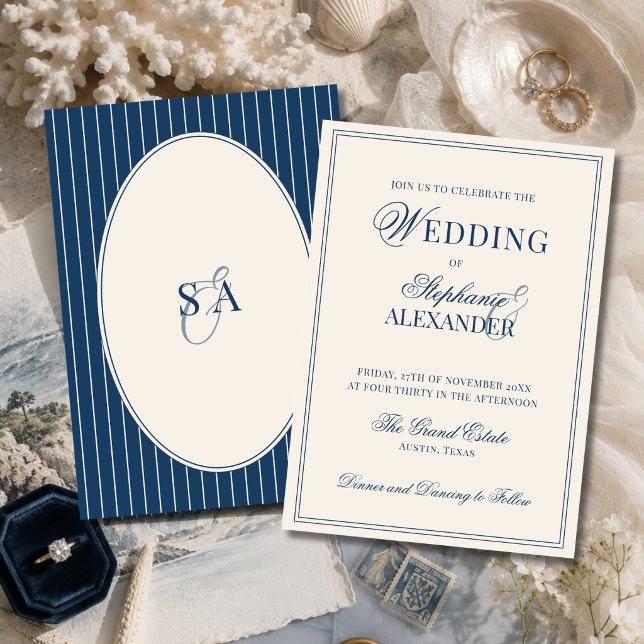 Invitation Mariage Classique Monogramme Bleu Nuit Ivoire Arge (Créateur téléchargé)