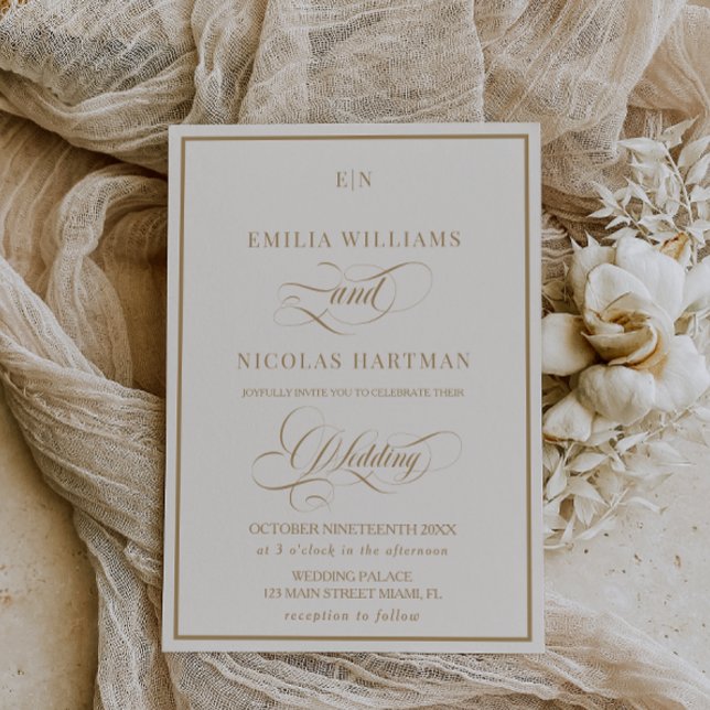 Invitation Mariage Classique Monogramme Ivoire Or (Créateur téléchargé)