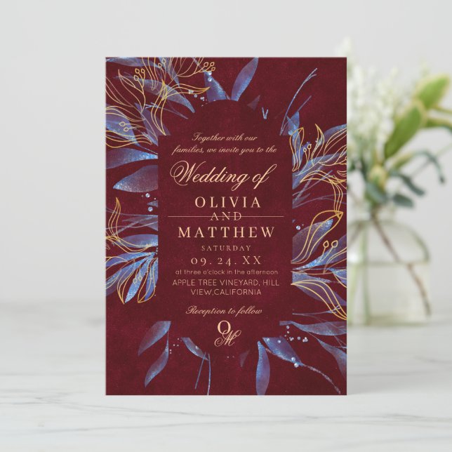 Invitation Mariage Classique Monogramme Navy et Bourgogne (Debout devant)