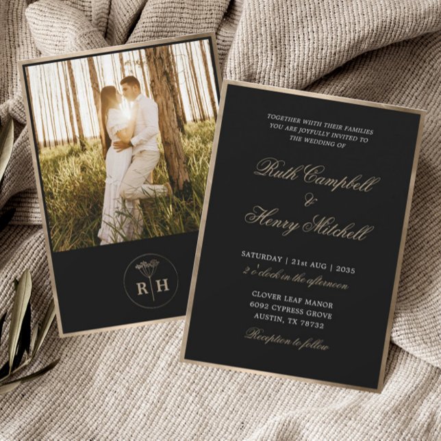 Invitation Mariage Classique Monogramme Noir Blanc & Or (Créateur téléchargé)