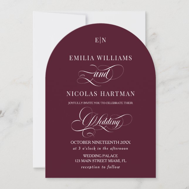 Invitation Mariage Classique Monogramme Rouge Bourgogne (Devant)