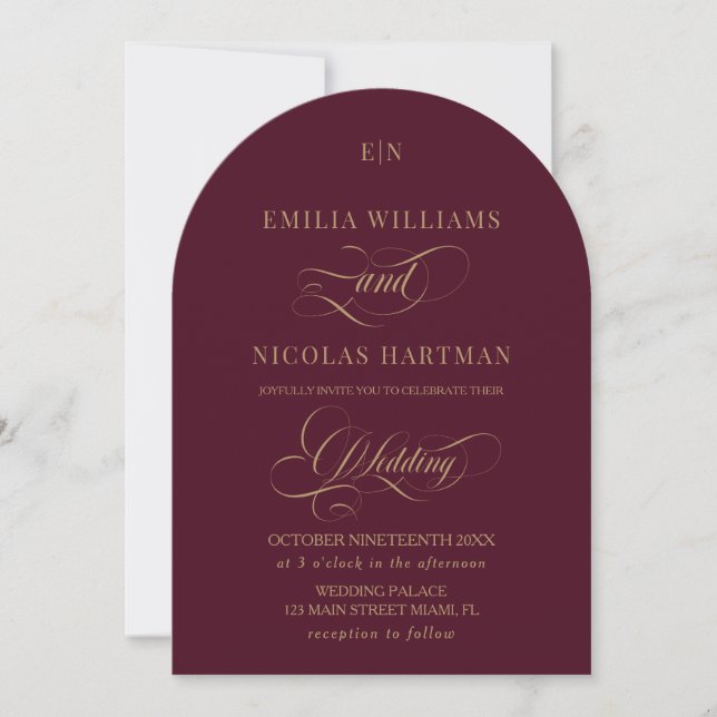 Invitation Mariage Classique Monogramme Rouge Foncé et Or (Devant)