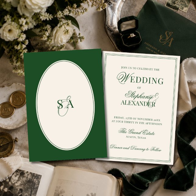 Invitation Mariage Classique Monogramme Vert Émeraude Argent  (Créateur téléchargé)