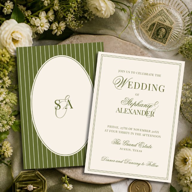 Invitation Mariage classique Monogramme Vieille Fortune Vert  (Créateur téléchargé)