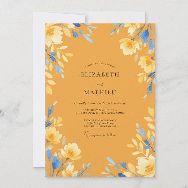 Invitation Mariage Classique Moutarde Azur Pétales (Devant)