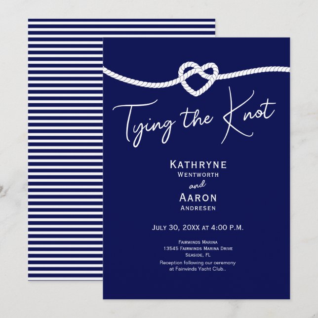 Invitation Mariage Classique Navy Blanc à Rayures Nouant le N (Devant / Derrière)