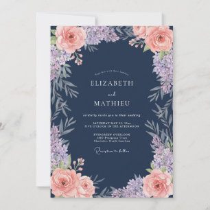 Invitation Mariage Classique Navy Fleur de Corail