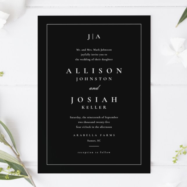 Invitation Mariage Classique Noir et Blanc (Classic formal black and white wedding invitation with couples monogram and elegant typography.)