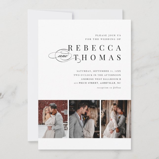 Invitation Mariage Classique Noir et Blanc 3 Photos  (Devant)