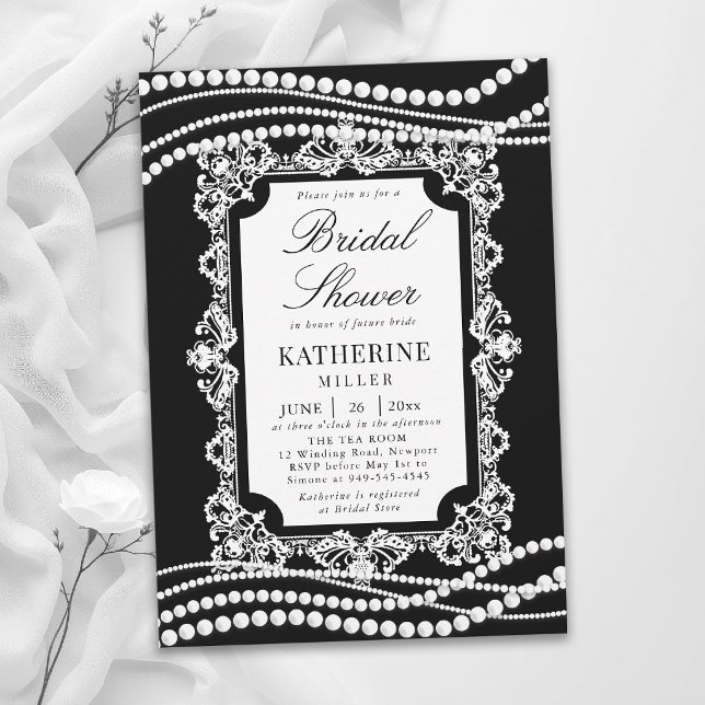 Invitation Mariage Classique Noir et Blanc Perles de Dentelle (lace bridal shower ideas black white pearls modern classic traditional elegant invitation template )