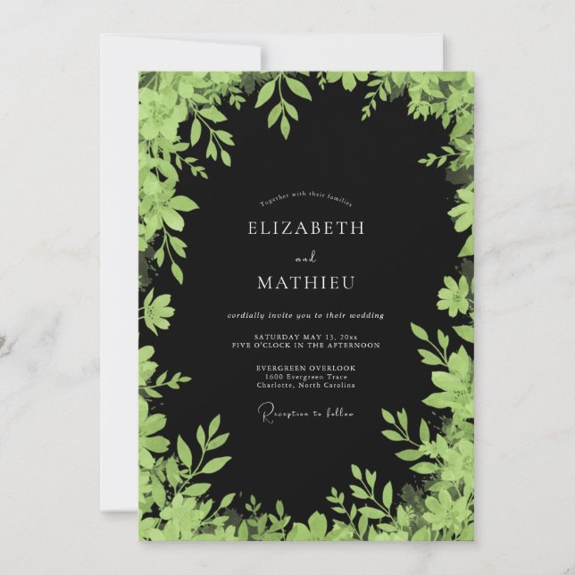 Invitation Mariage Classique Noir Feuillage Chartreuse (Devant)