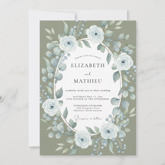 Invitation Mariage Classique Olive Feuille de Pervenche (Devant)