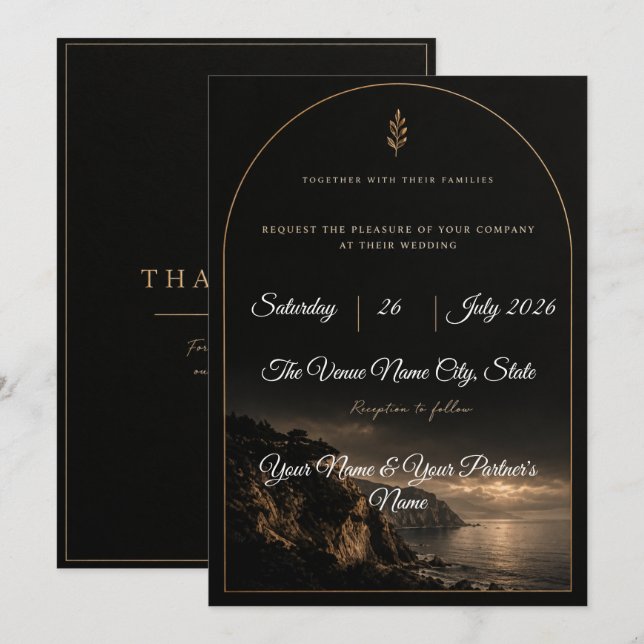 Invitation Mariage Classique Or Noir Élégant (Devant / Derrière)