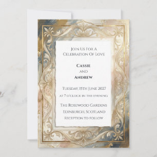 Invitation Mariage Classique Orné de Rouleaux en Or Doré Vint