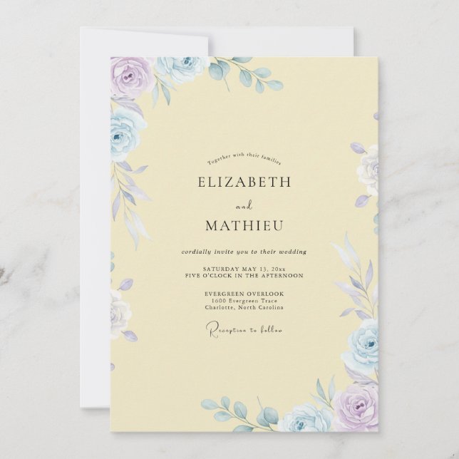 Invitation Mariage Classique Pétale de Pervenche au Beurre (Devant)