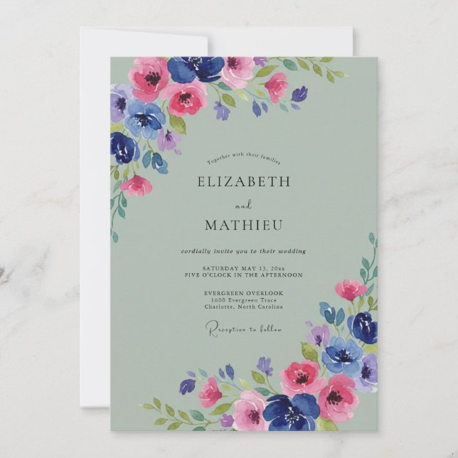 Invitation Mariage Classique Pétale Magenta Cobalt (Devant)