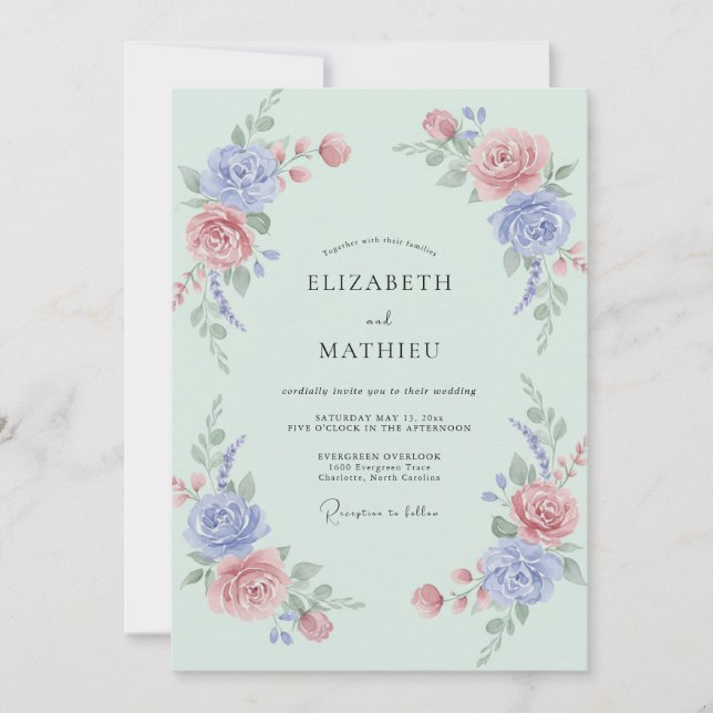 Invitation Mariage Classique Pivoine Céladon Bleuet (Devant)
