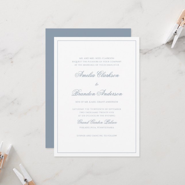 Invitation Mariage Classique Poussiéreux Bleu et Blanc avec B (Devant/Arrière en situation)